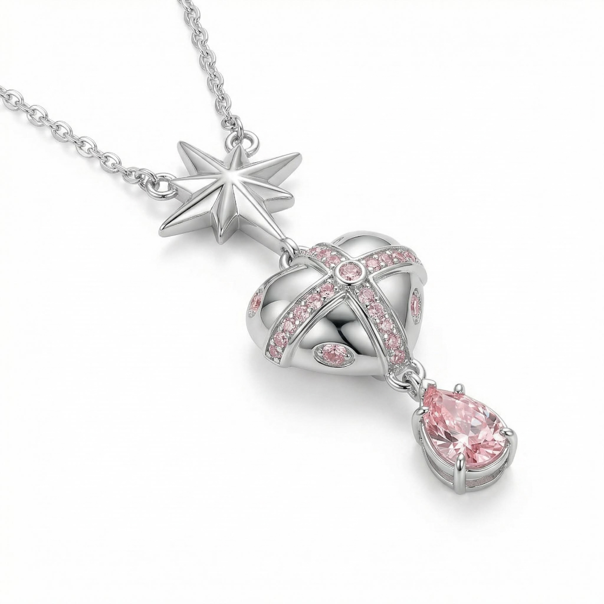 Street Luxury Star-heart Design Pink Pear Cut S925 Silver Pendant Necklace - Image 4