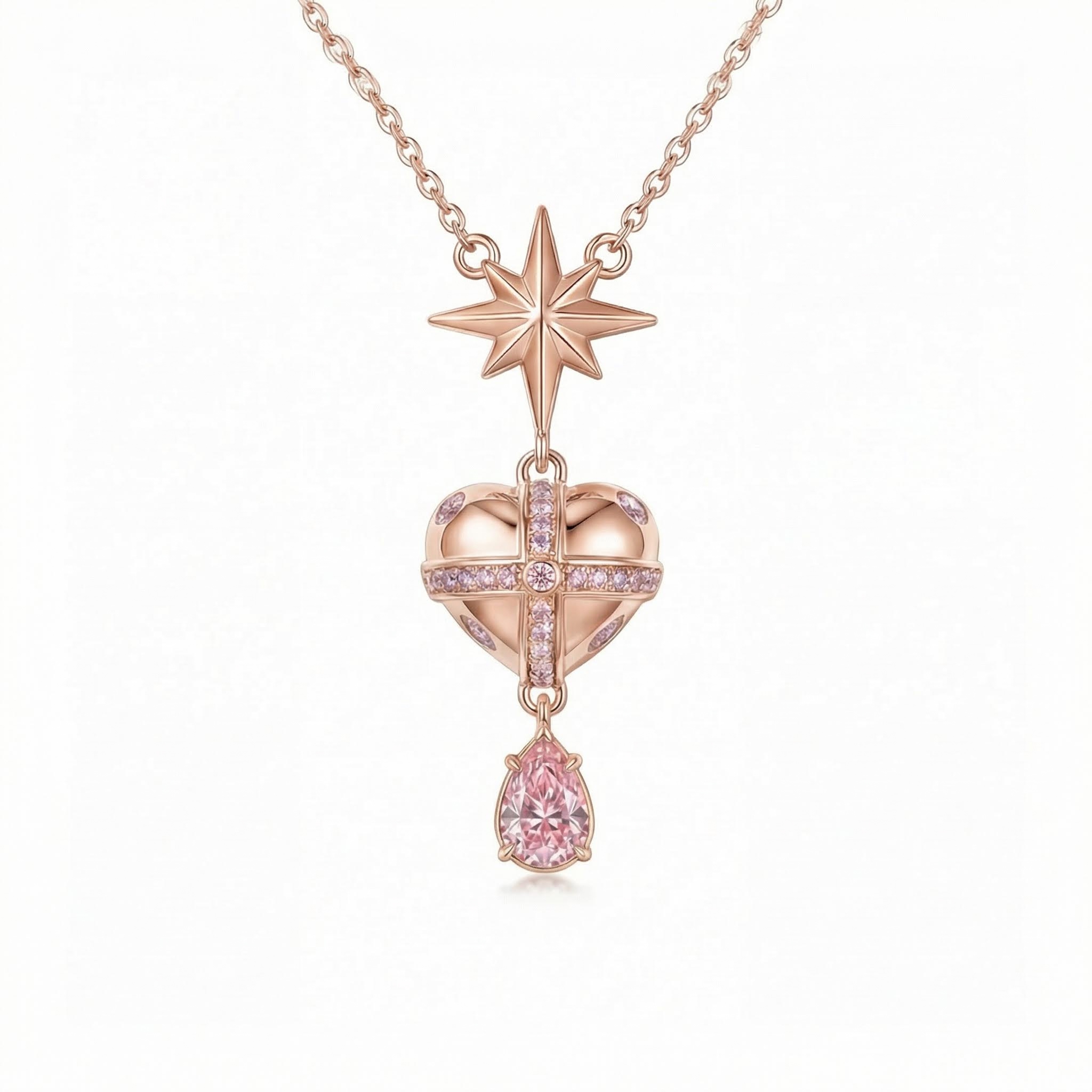 Street Luxury Star-heart Design Pink Pear Cut S925 Silver Pendant Necklace - Image 5