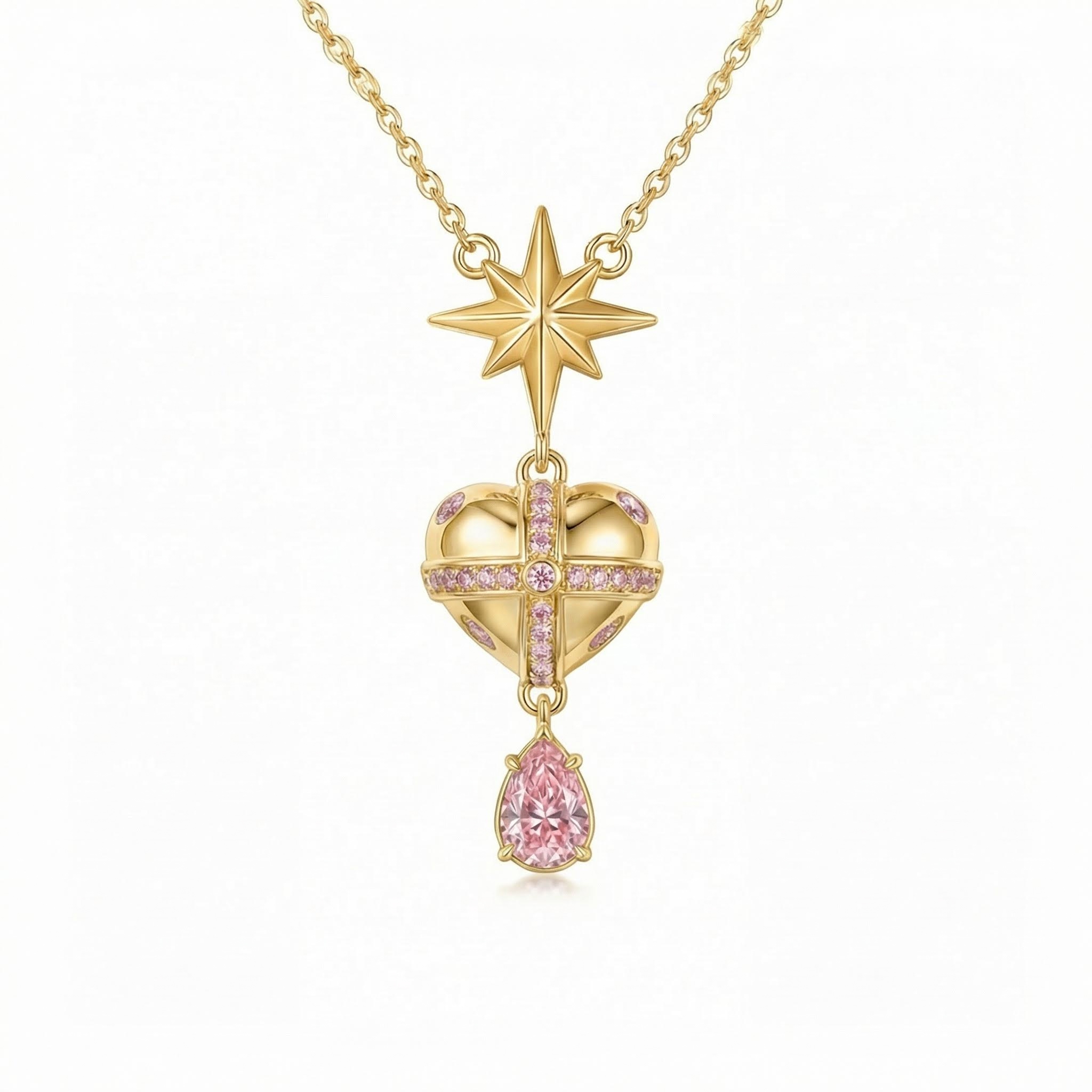 Street Luxury Star-heart Design Pink Pear Cut S925 Silver Pendant Necklace - Image 6