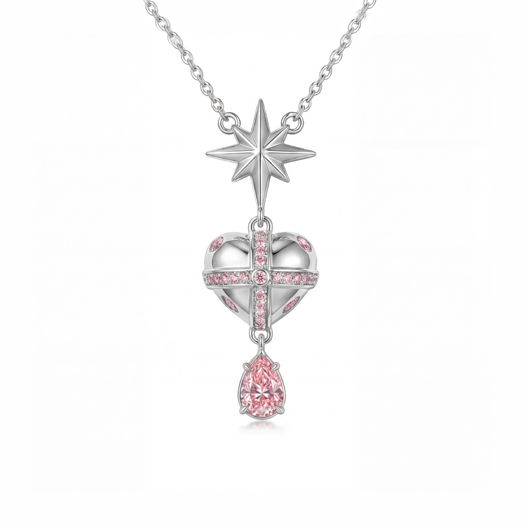 Street Luxury Star-heart Design Pink Pear Cut S925 Silver Pendant Necklace