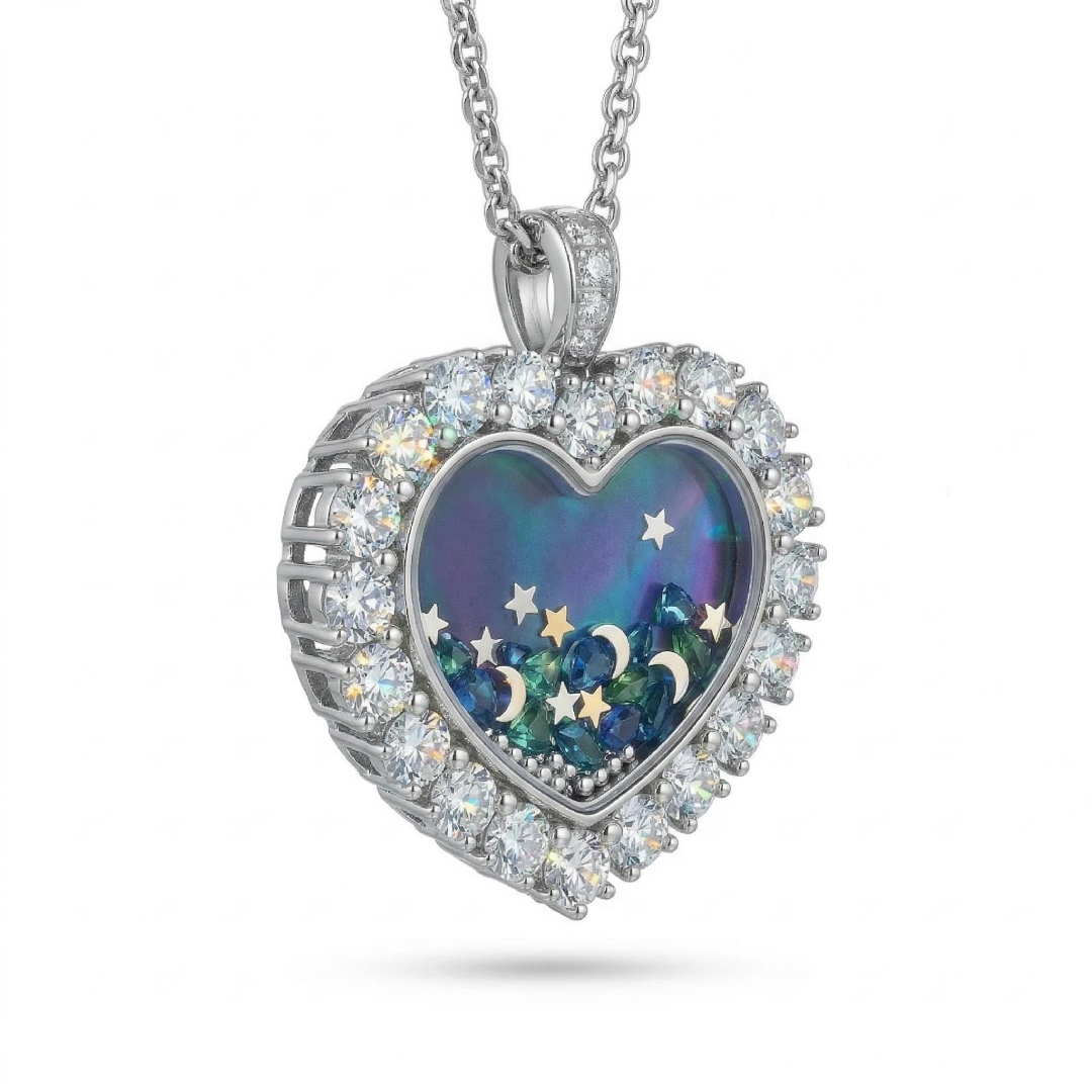 Street Luxury Night Sky Heart Shaped Mother Of Pearl S925 Silver Pendant - Image 3