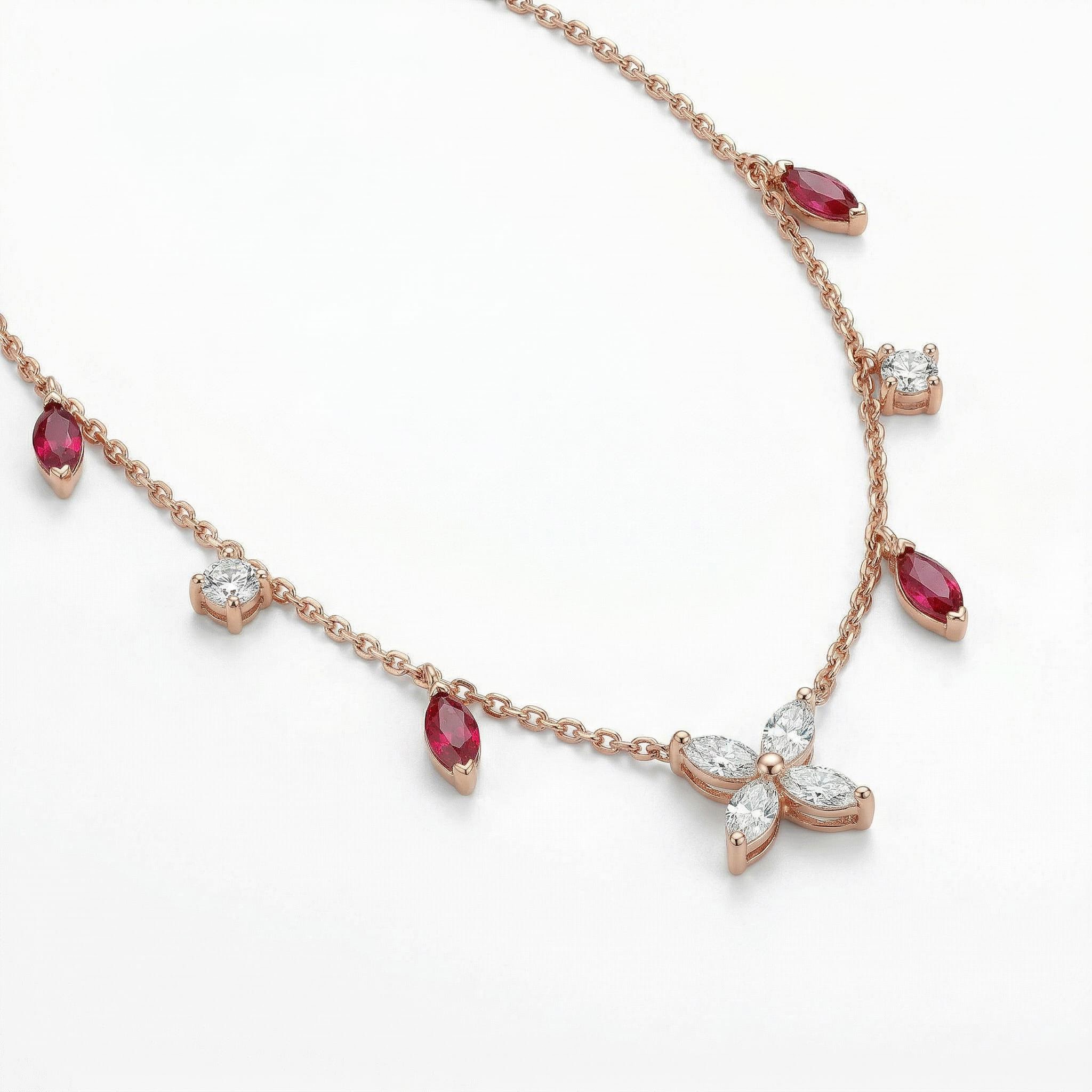 Bold Four-leaf Clover With Rose Red Marquise Cut Charm S925 Silver Necklace - Image 3