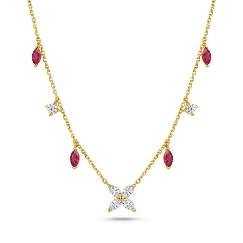 Bold Four-leaf Clover With Rose Red Marquise Cut Charm S925 Silver Necklace - Image 4