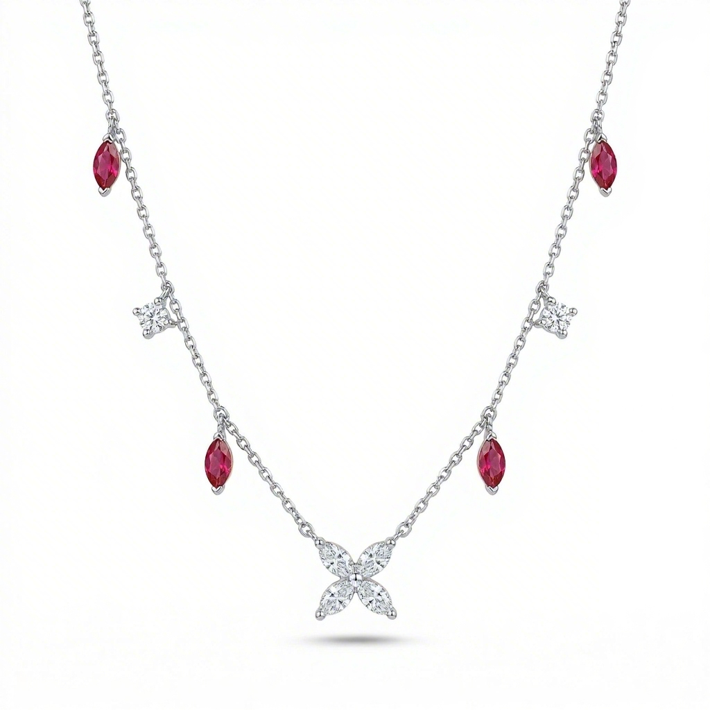 Bold Four-leaf Clover With Rose Red Marquise Cut Charm S925 Silver Necklace - Image 5