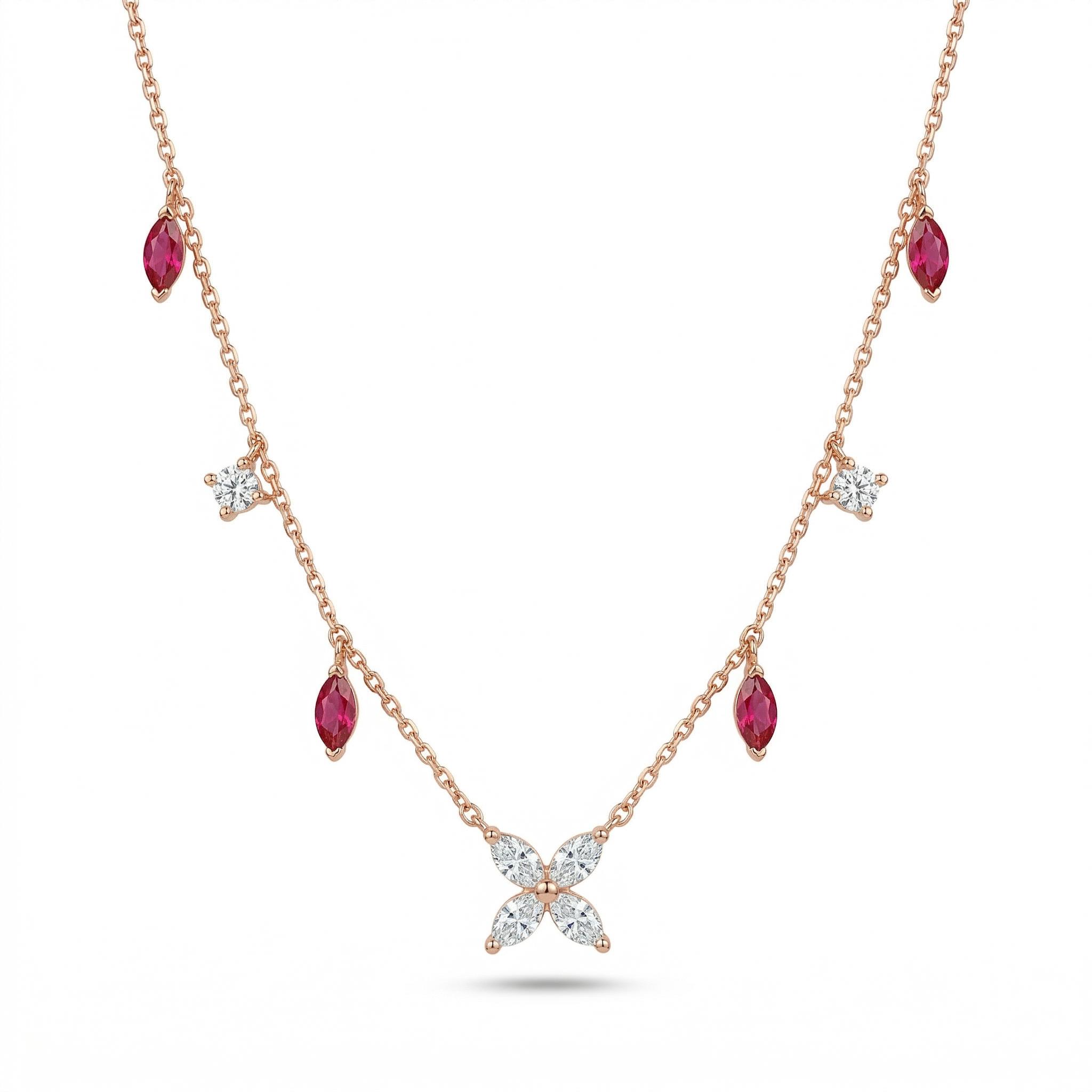 Bold Four-leaf Clover With Rose Red Marquise Cut Charm S925 Silver Necklace