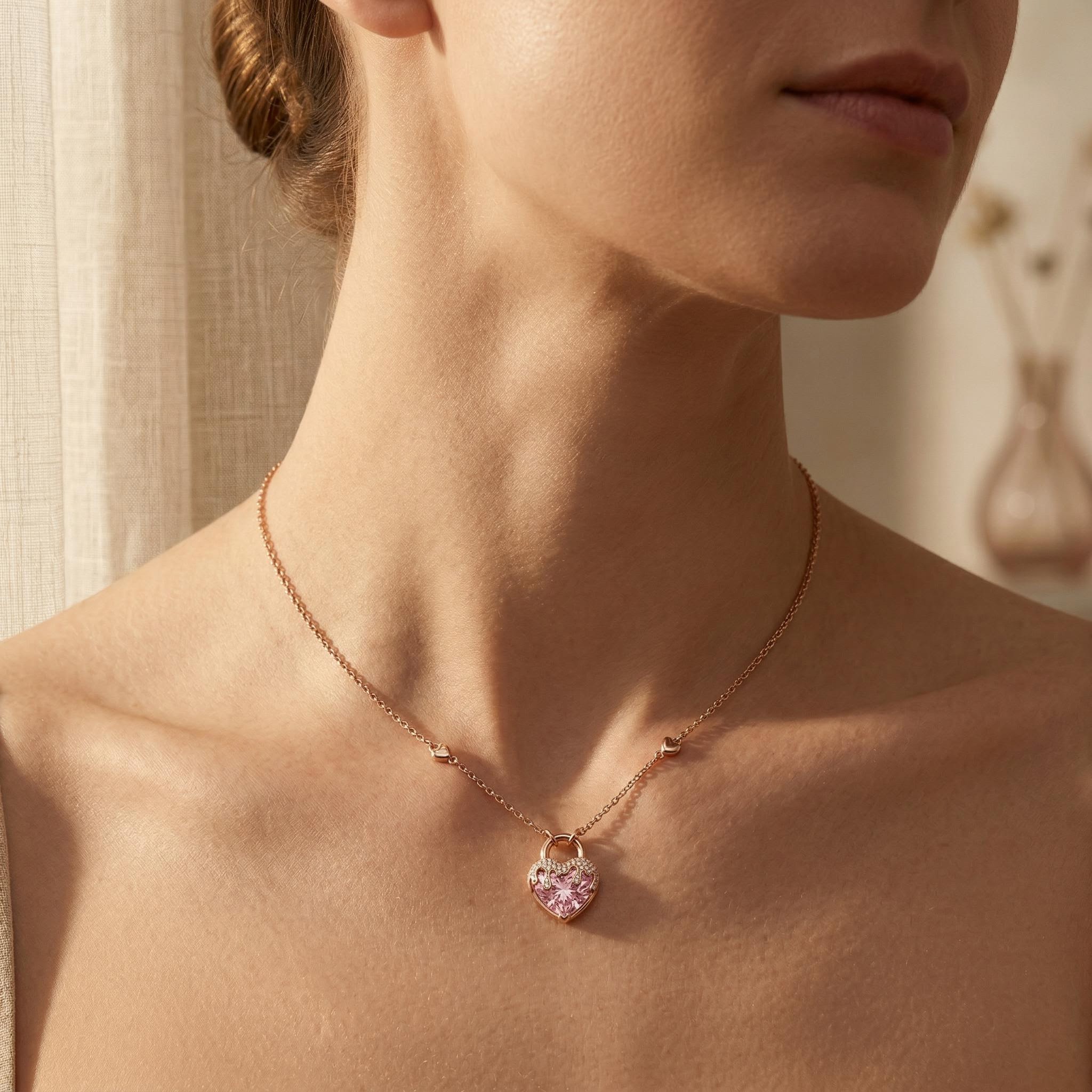 Street Luxury 5.3 Ct.tw Pink Heart Shaped Lock S925 Silver Pendant Necklace - Image 6