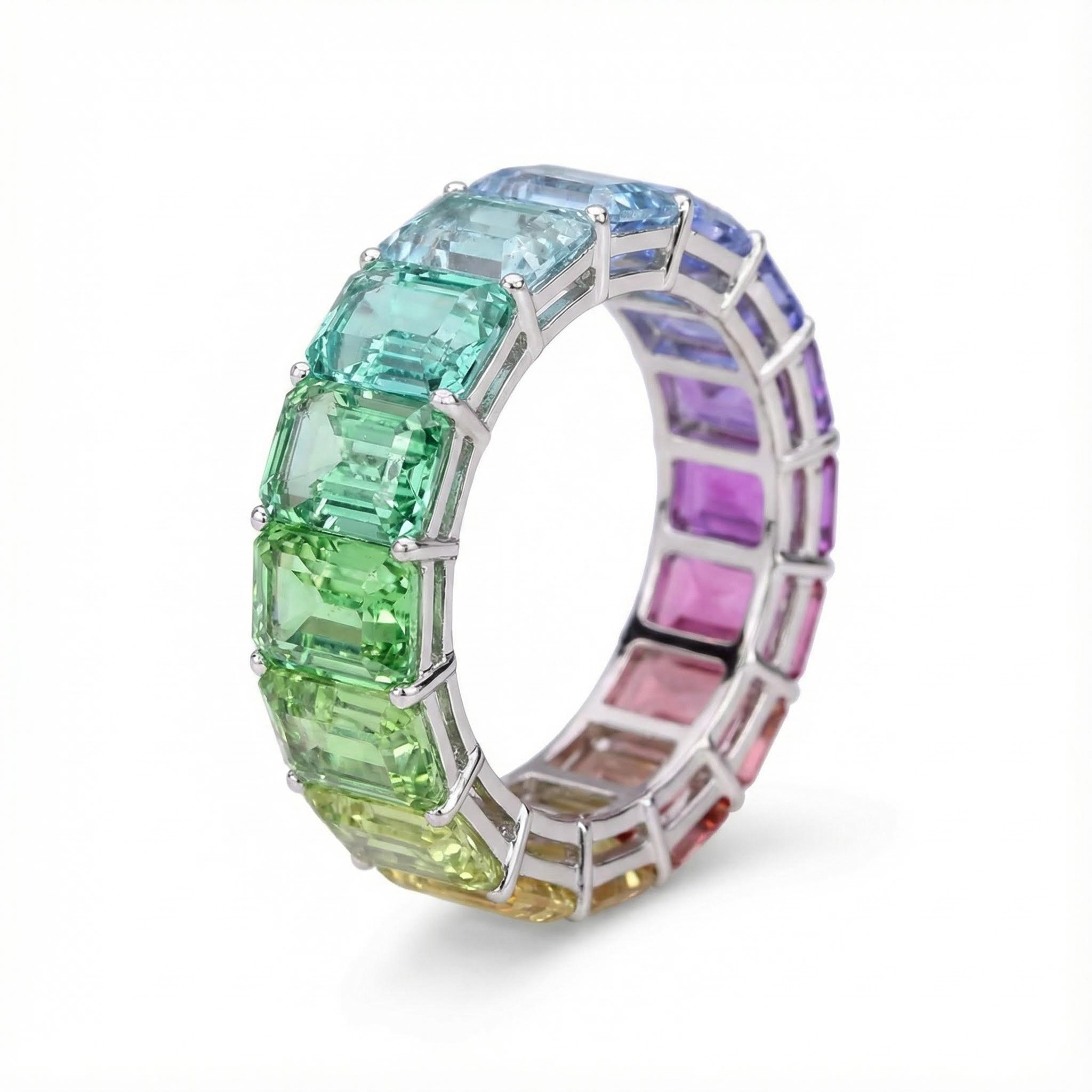 Emerald Cut Rainbow Sapphire Eternity Ring Silver With Street Luxury Shine - Image 3