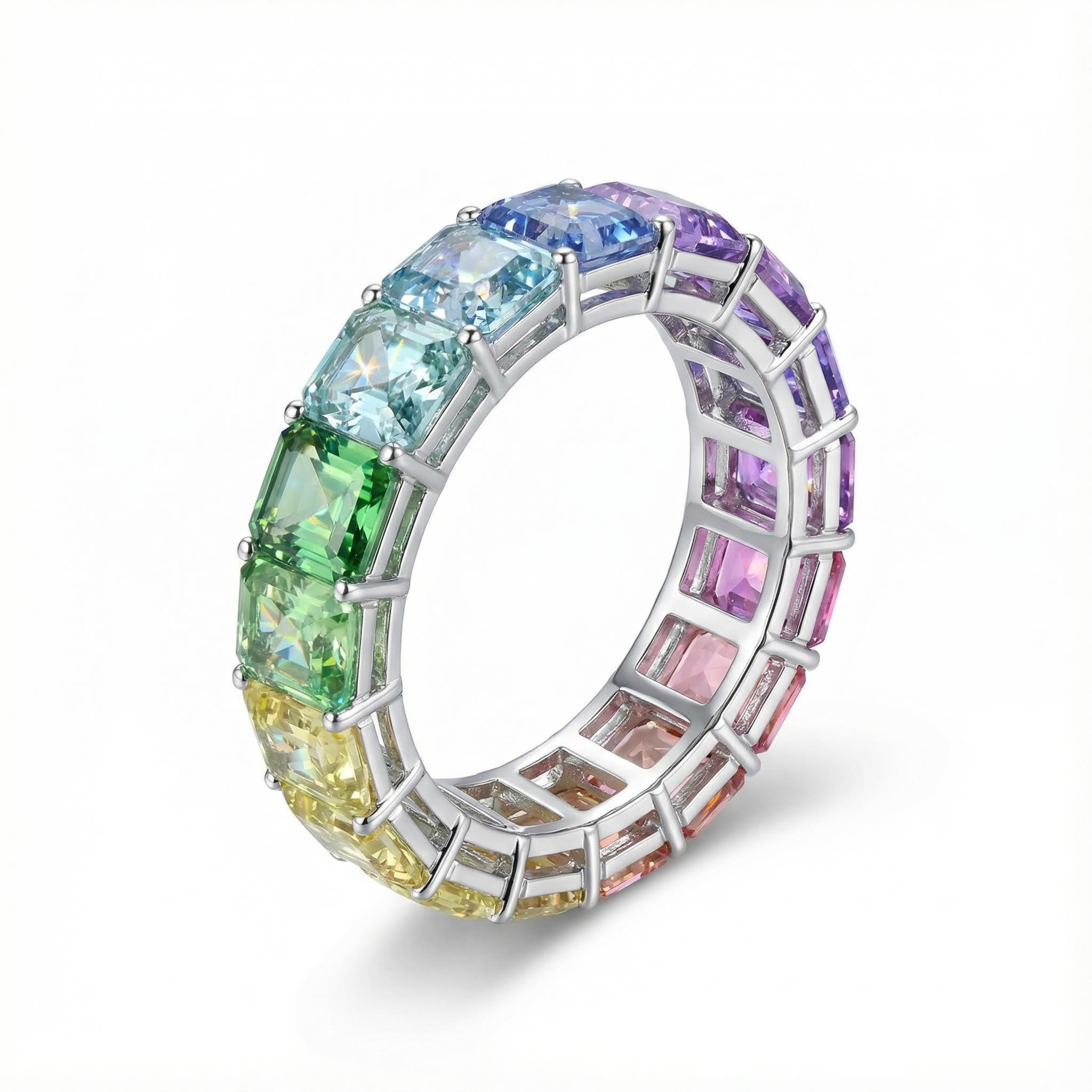 Emerald Cut Rainbow Sapphire Eternity Ring Silver With Street Luxury Shine - Image 4