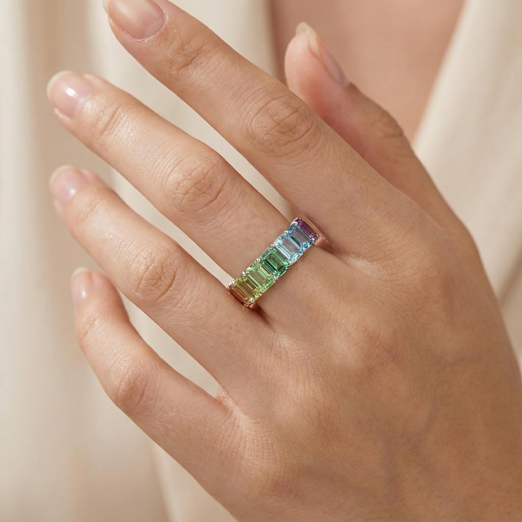Emerald Cut Rainbow Sapphire Eternity Ring Silver With Street Luxury Shine - Image 5
