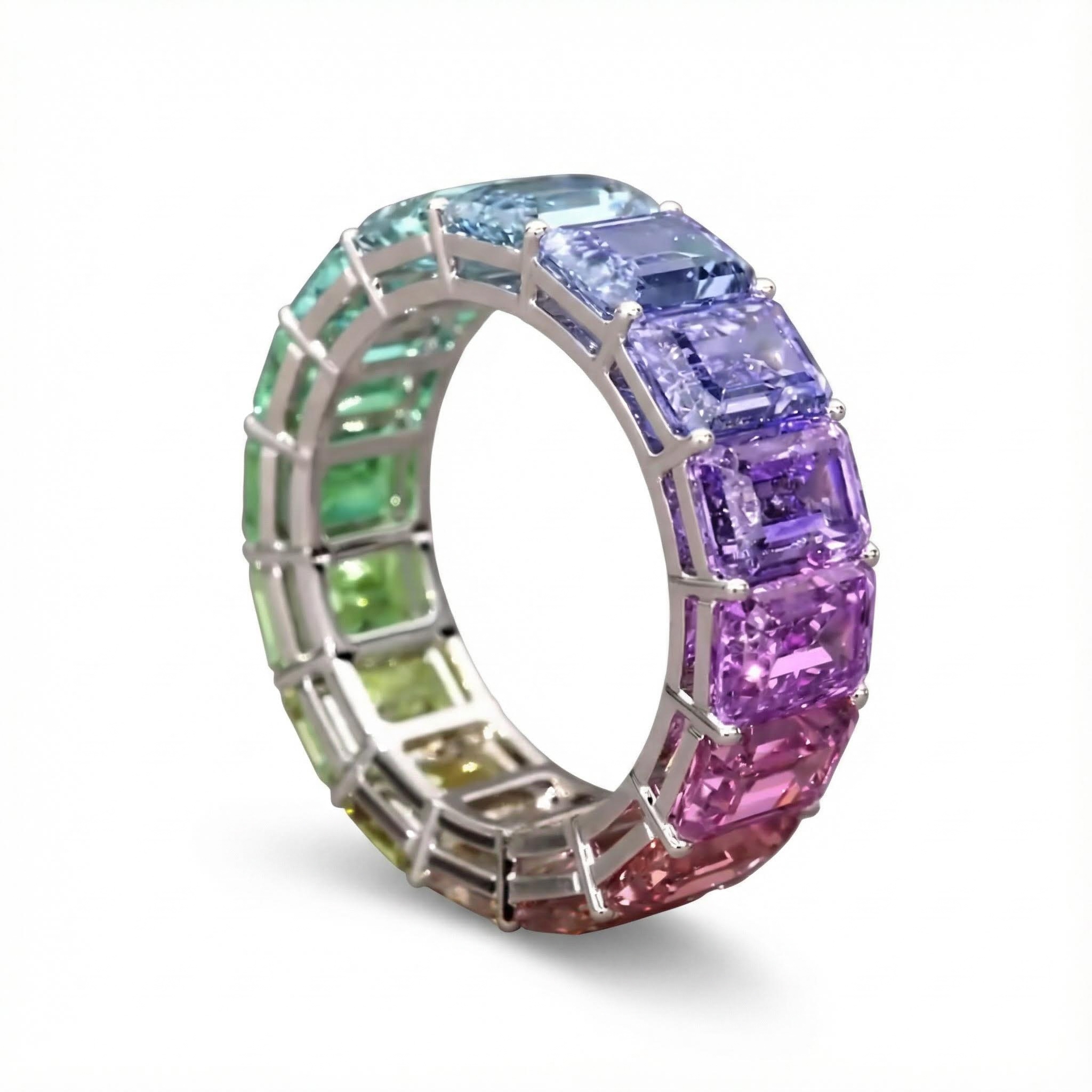 Emerald Cut Rainbow Sapphire Eternity Ring Silver With Street Luxury Shine - Image 6