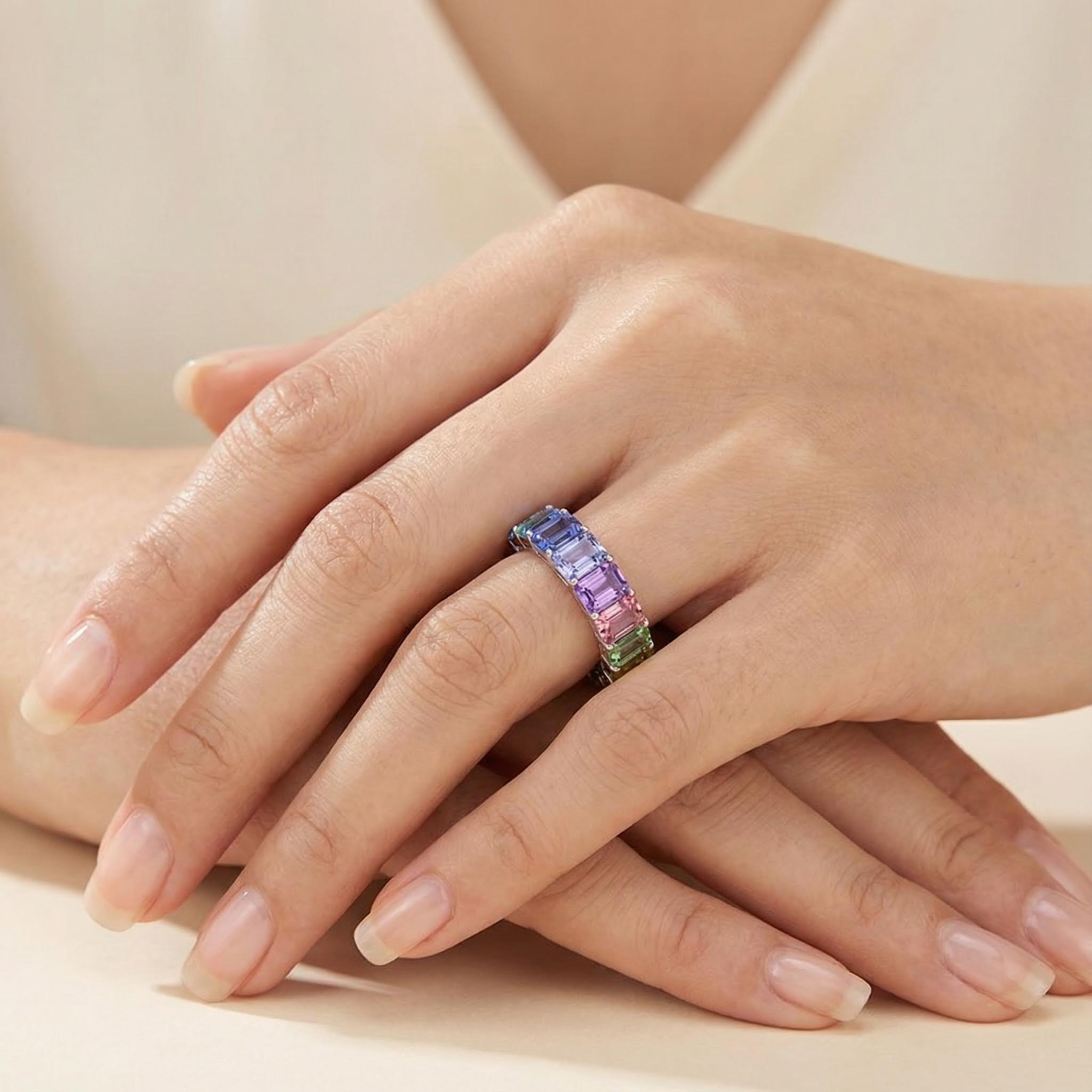 Emerald Cut Rainbow Sapphire Eternity Ring Silver With Street Luxury Shine - Image 7