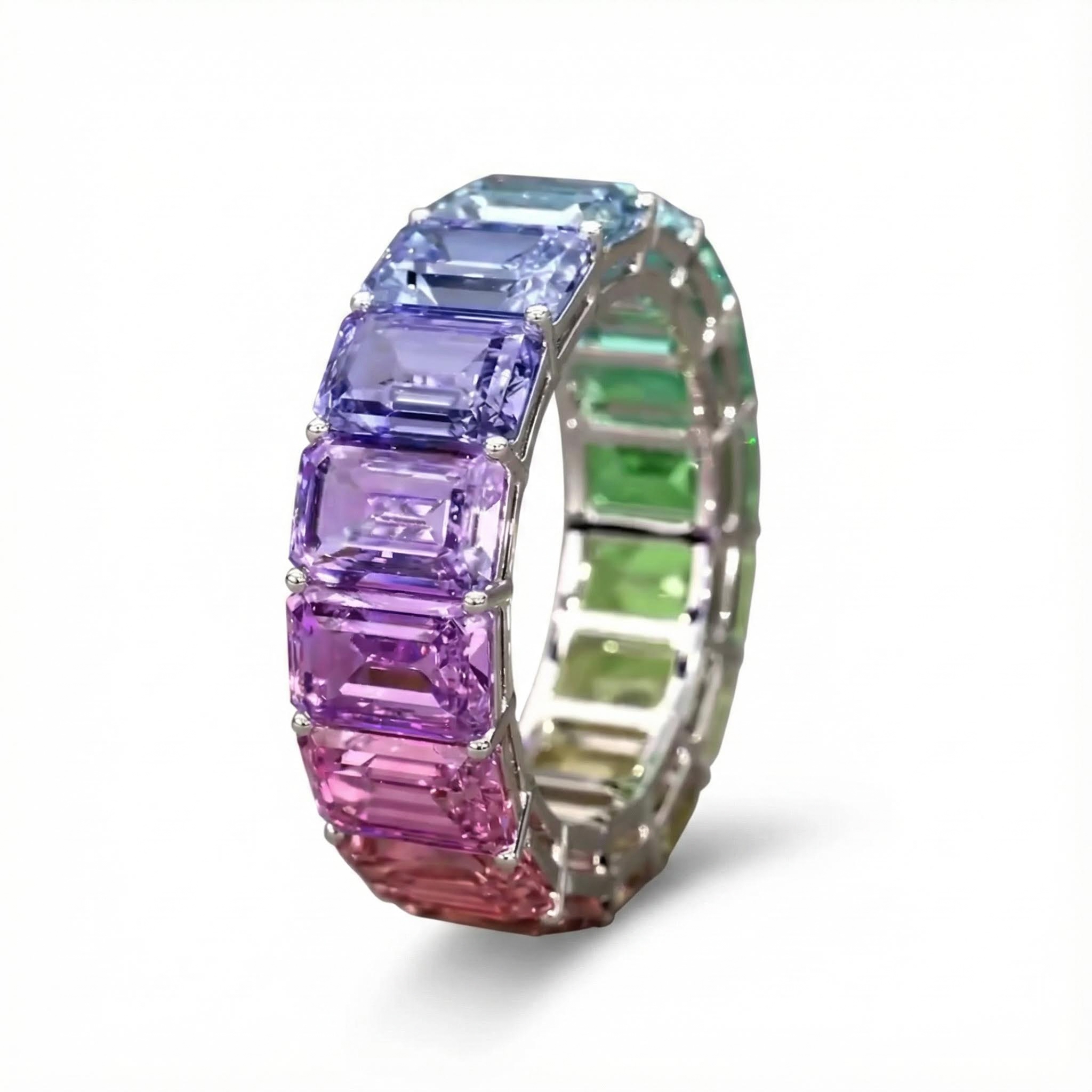 Emerald Cut Rainbow Sapphire Eternity Ring Silver With Street Luxury Shine