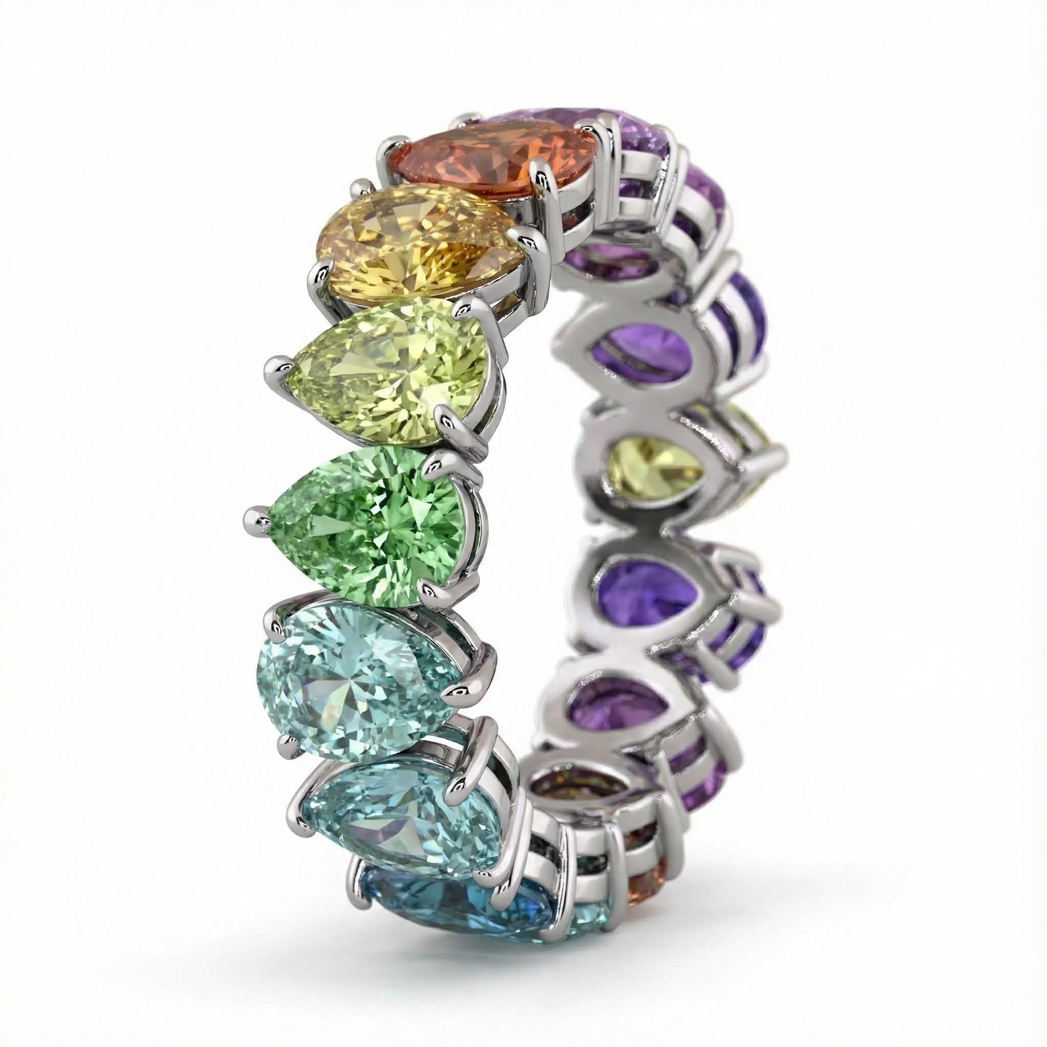 Pear Cut Rainbow Sapphire Eternity Band Ring With Street Luxury Shine - Image 3