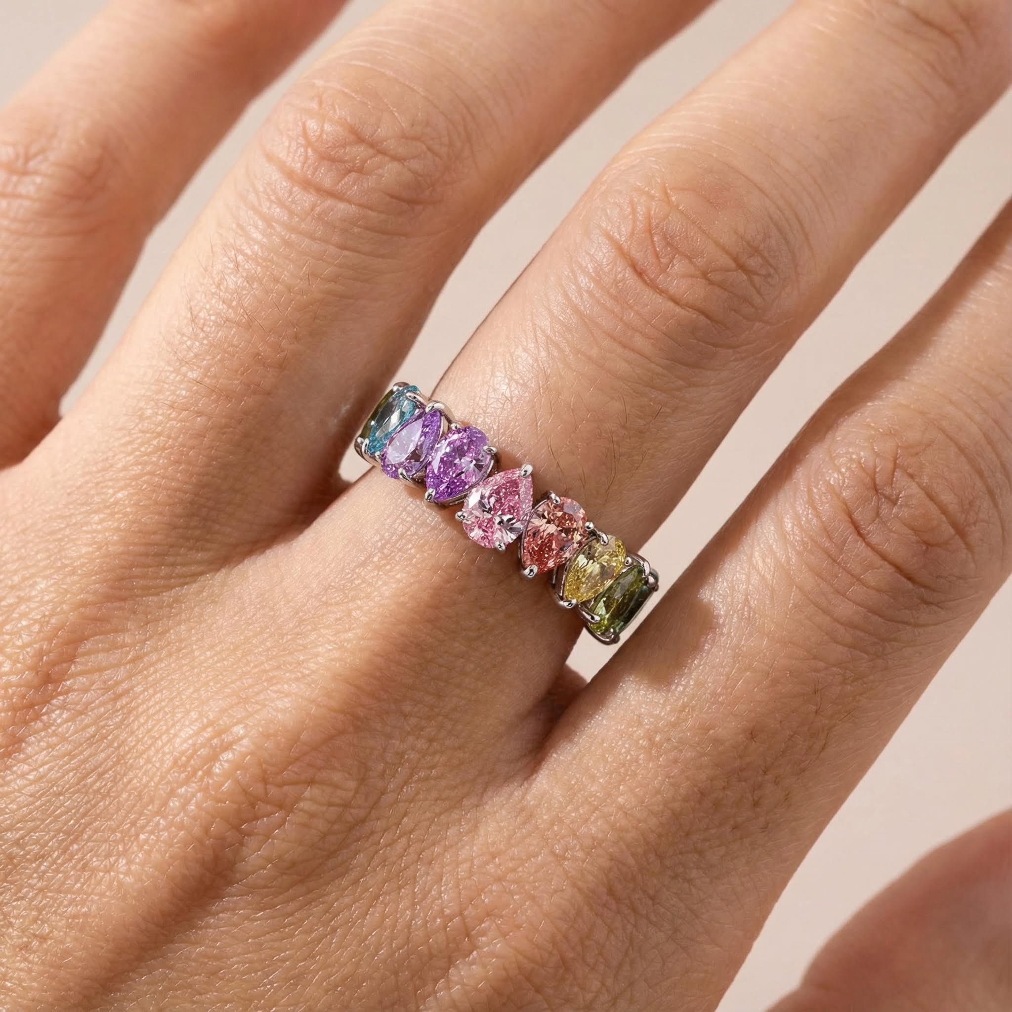 Pear Cut Rainbow Sapphire Eternity Band Ring With Street Luxury Shine - Image 4