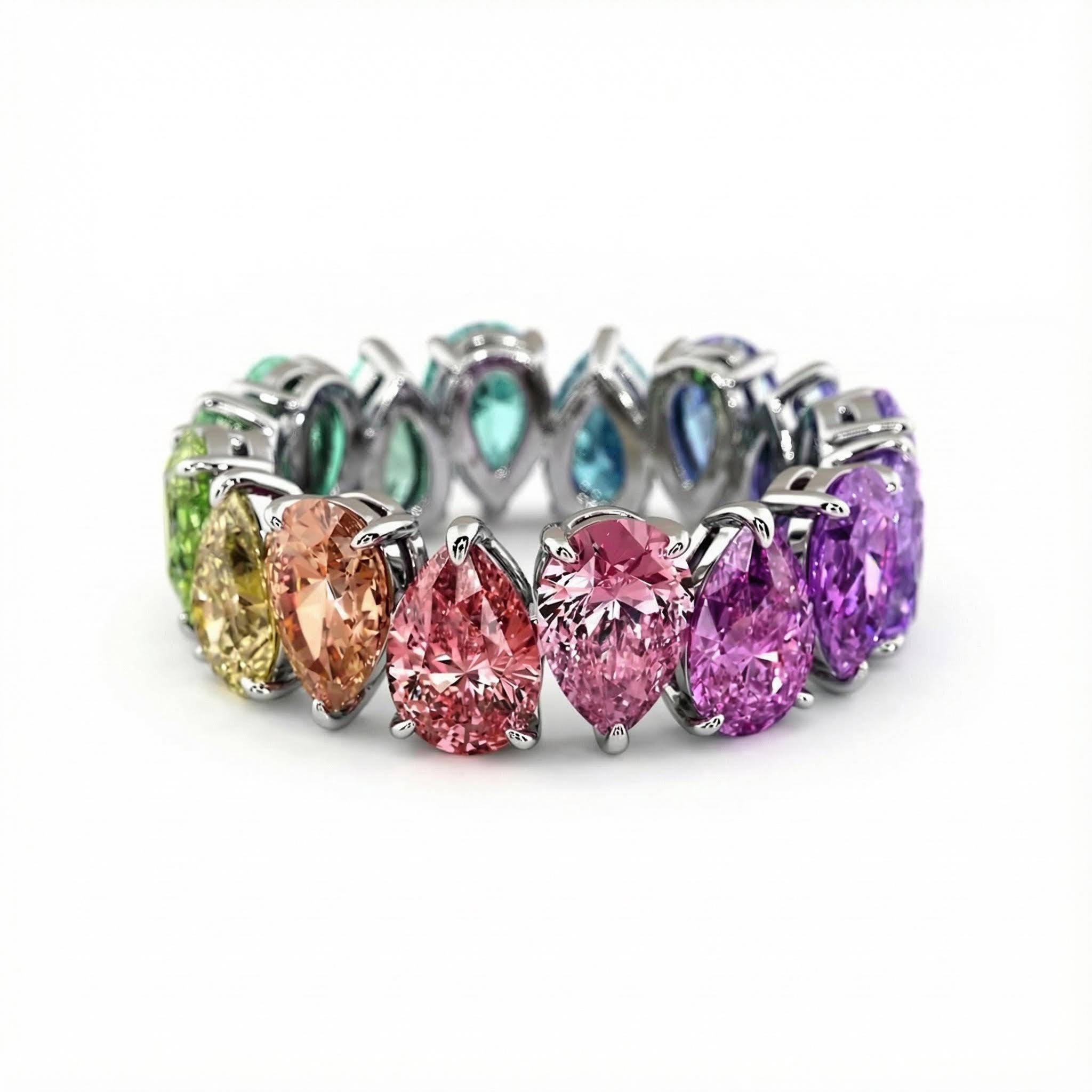 Pear Cut Rainbow Sapphire Eternity Band Ring With Street Luxury Shine