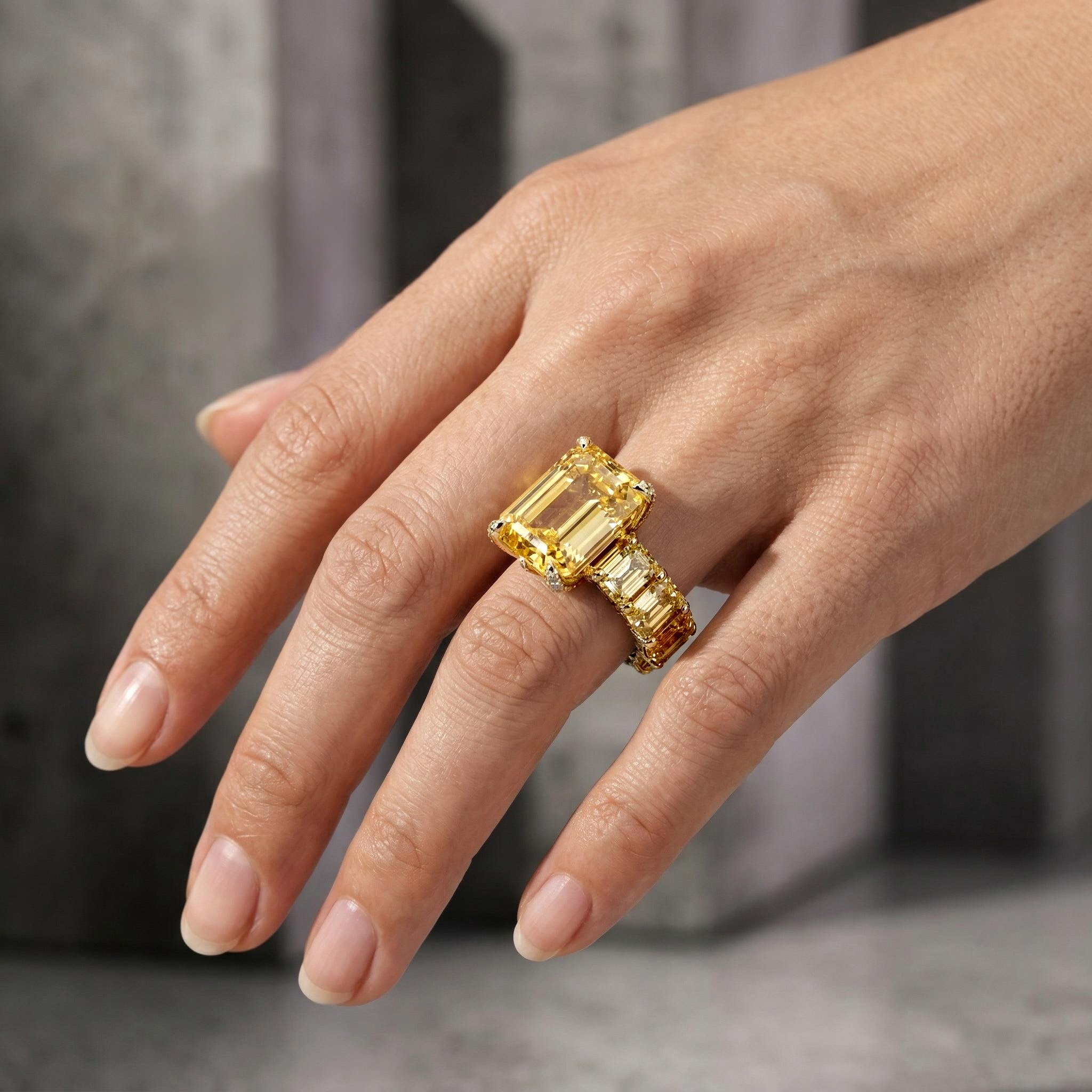 5ct Stunning Fancy Yellow Emerald Cut Pave Ring In Gold With Gold Shine - Image 3