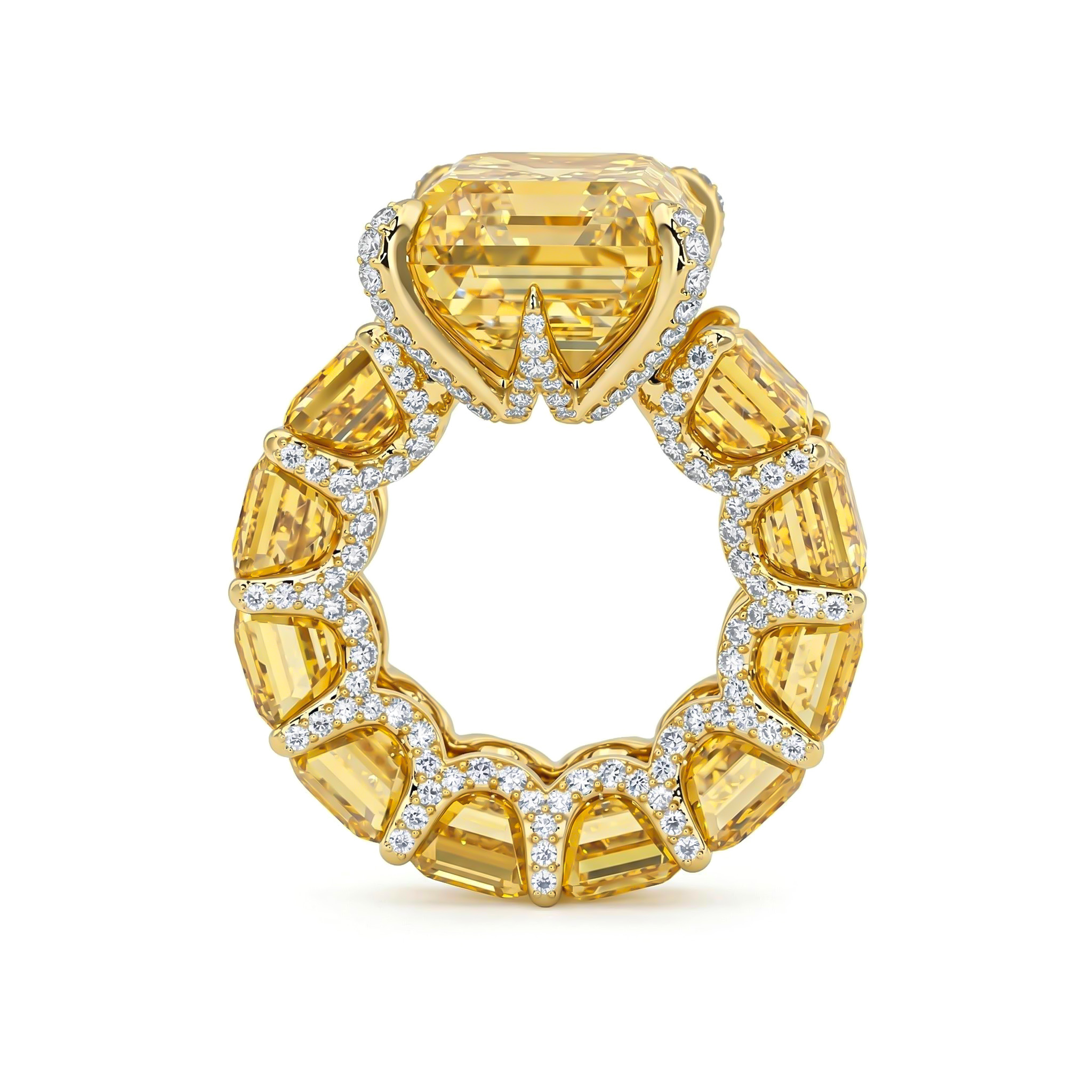 5ct Stunning Fancy Yellow Emerald Cut Pave Ring In Gold With Gold Shine - Image 4