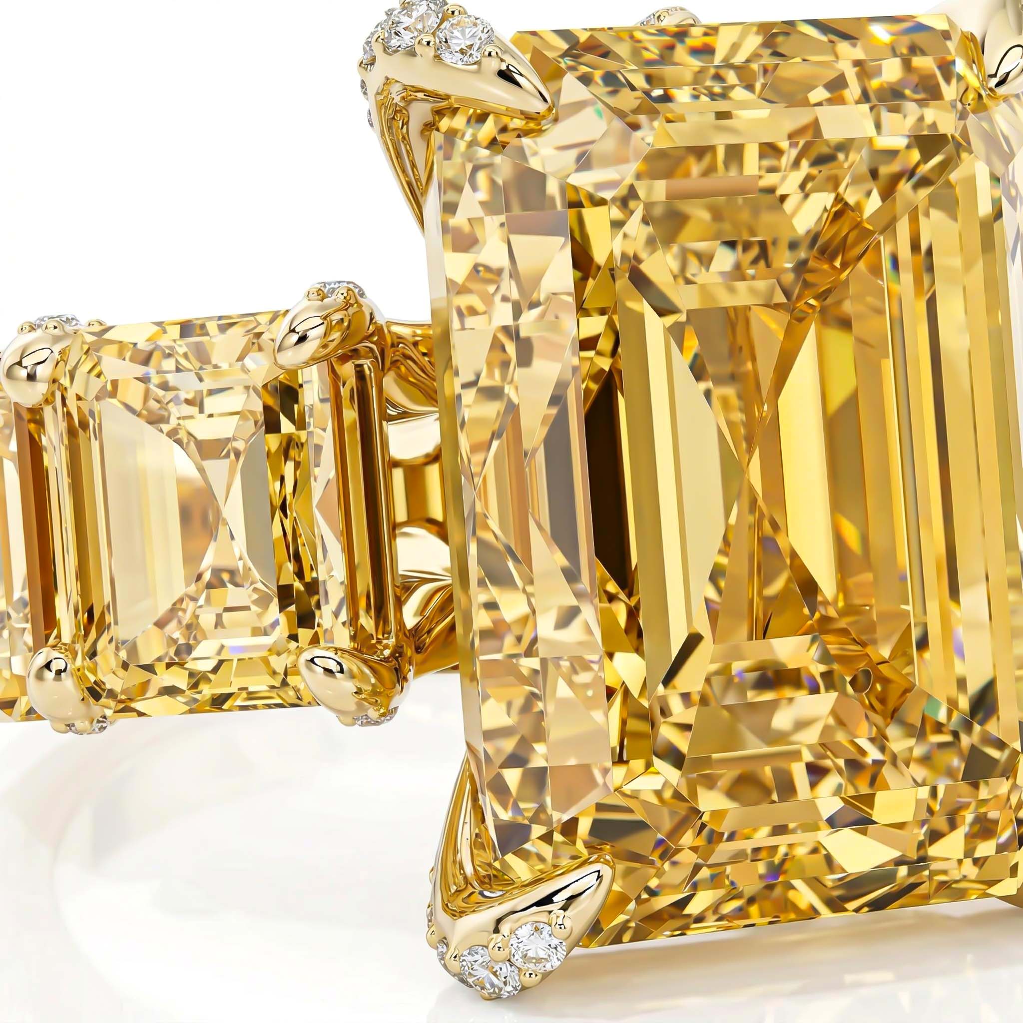 5ct Stunning Fancy Yellow Emerald Cut Pave Ring In Gold With Gold Shine - Image 5