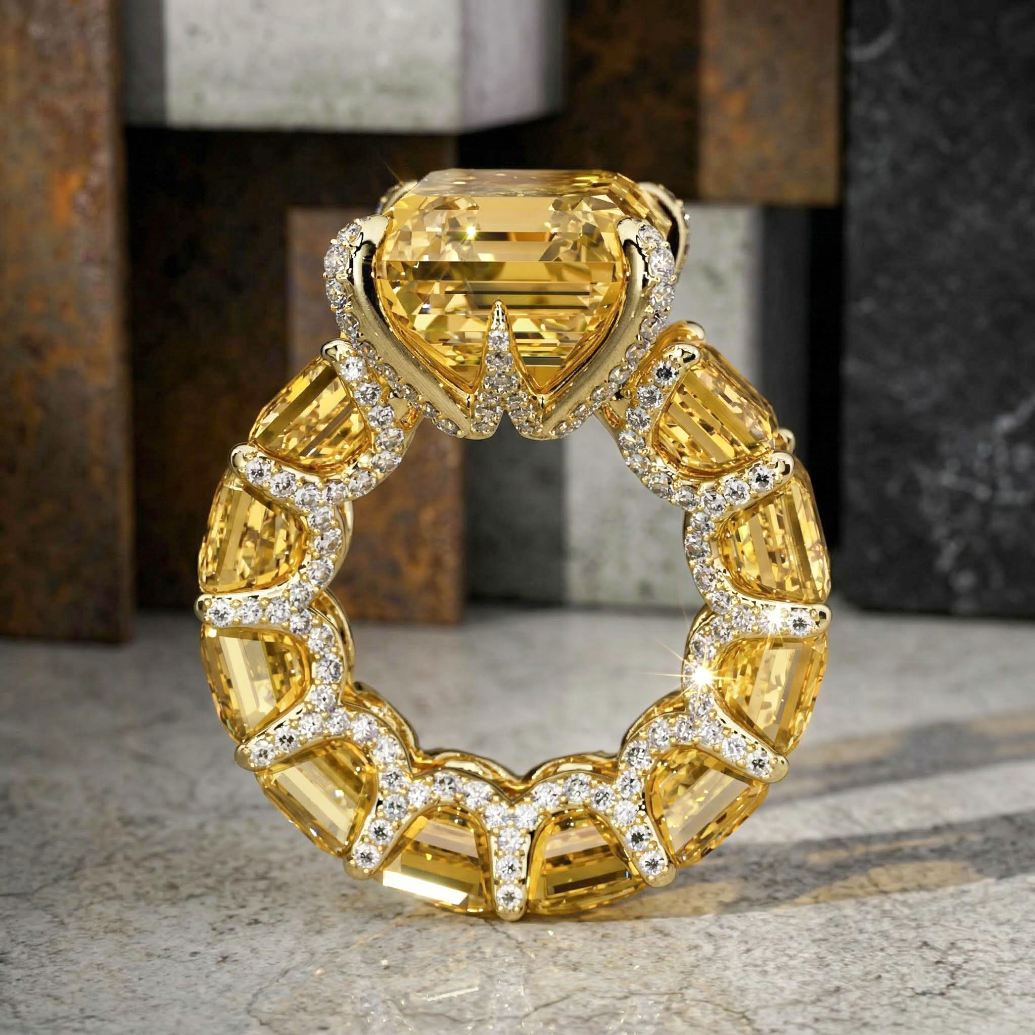 5ct Stunning Fancy Yellow Emerald Cut Pave Ring In Gold With Gold Shine - Image 6