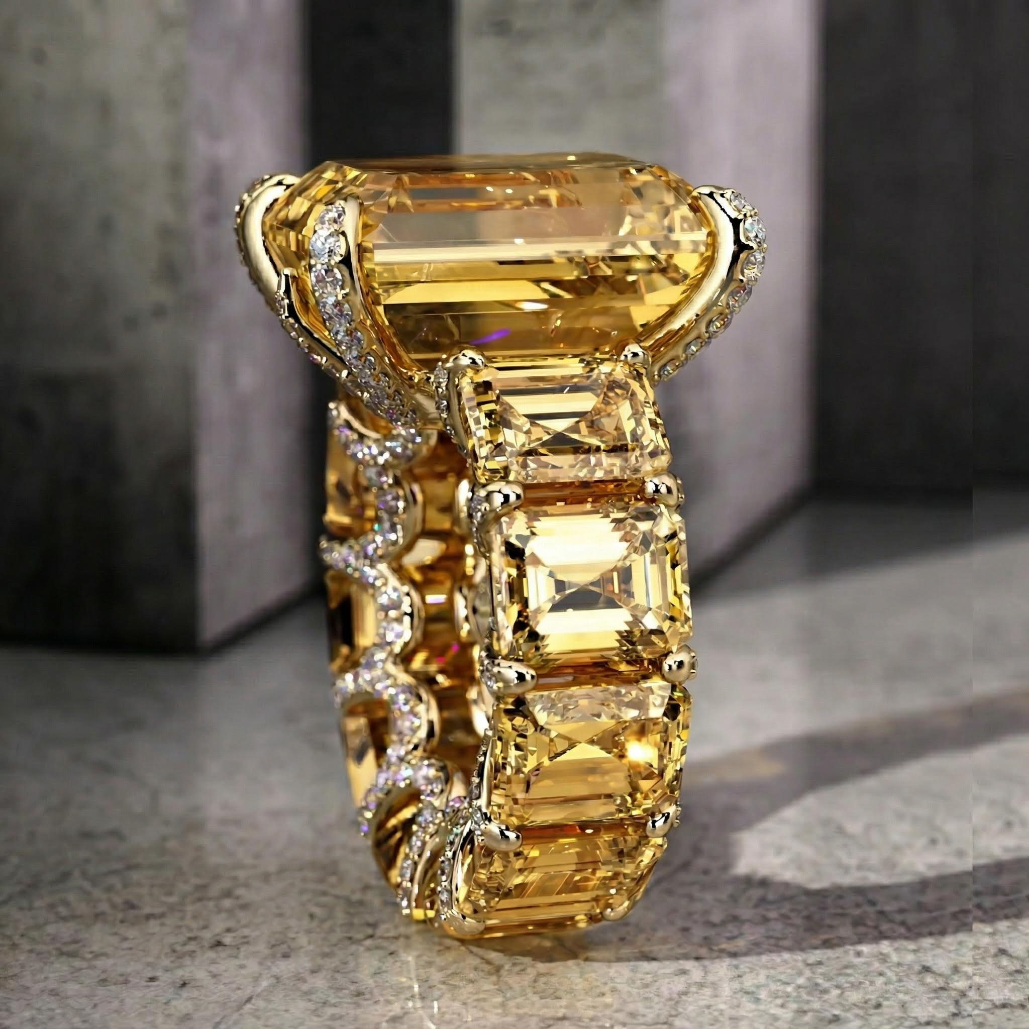 5ct Stunning Fancy Yellow Emerald Cut Pave Ring In Gold With Gold Shine - Image 7