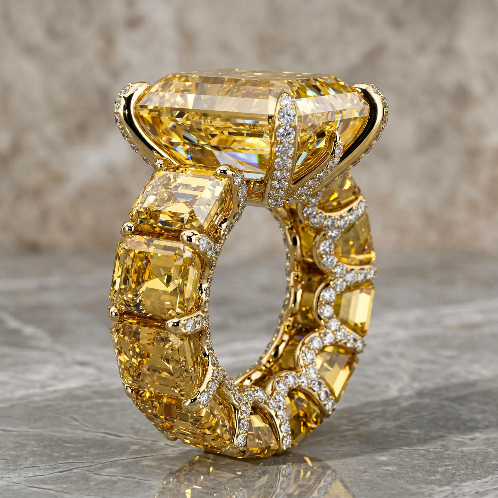 5ct Stunning Fancy Yellow Emerald Cut Pave Ring In Gold With Gold Shine - Image 8