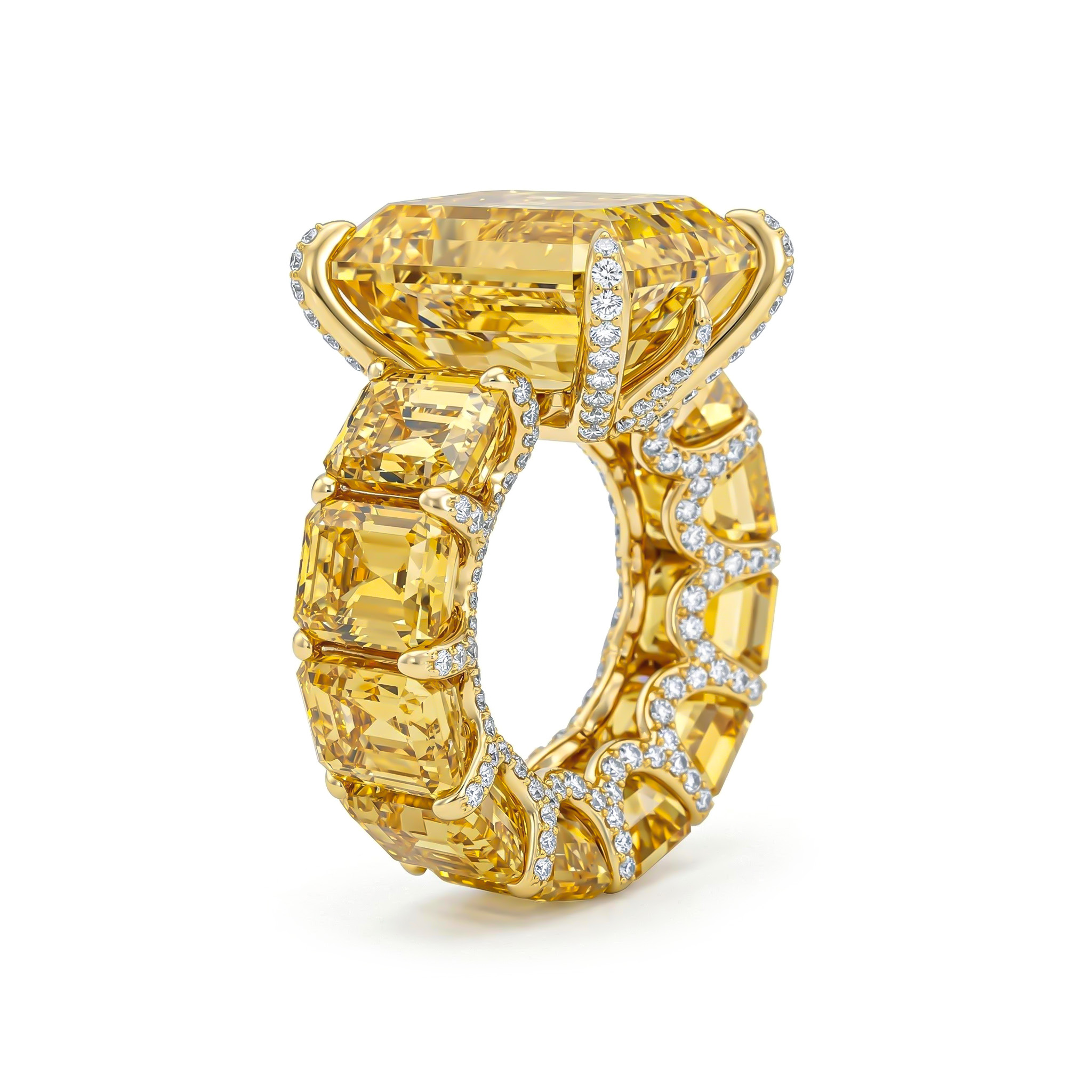 5ct Stunning Fancy Yellow Emerald Cut Pave Ring In Gold With Gold Shine