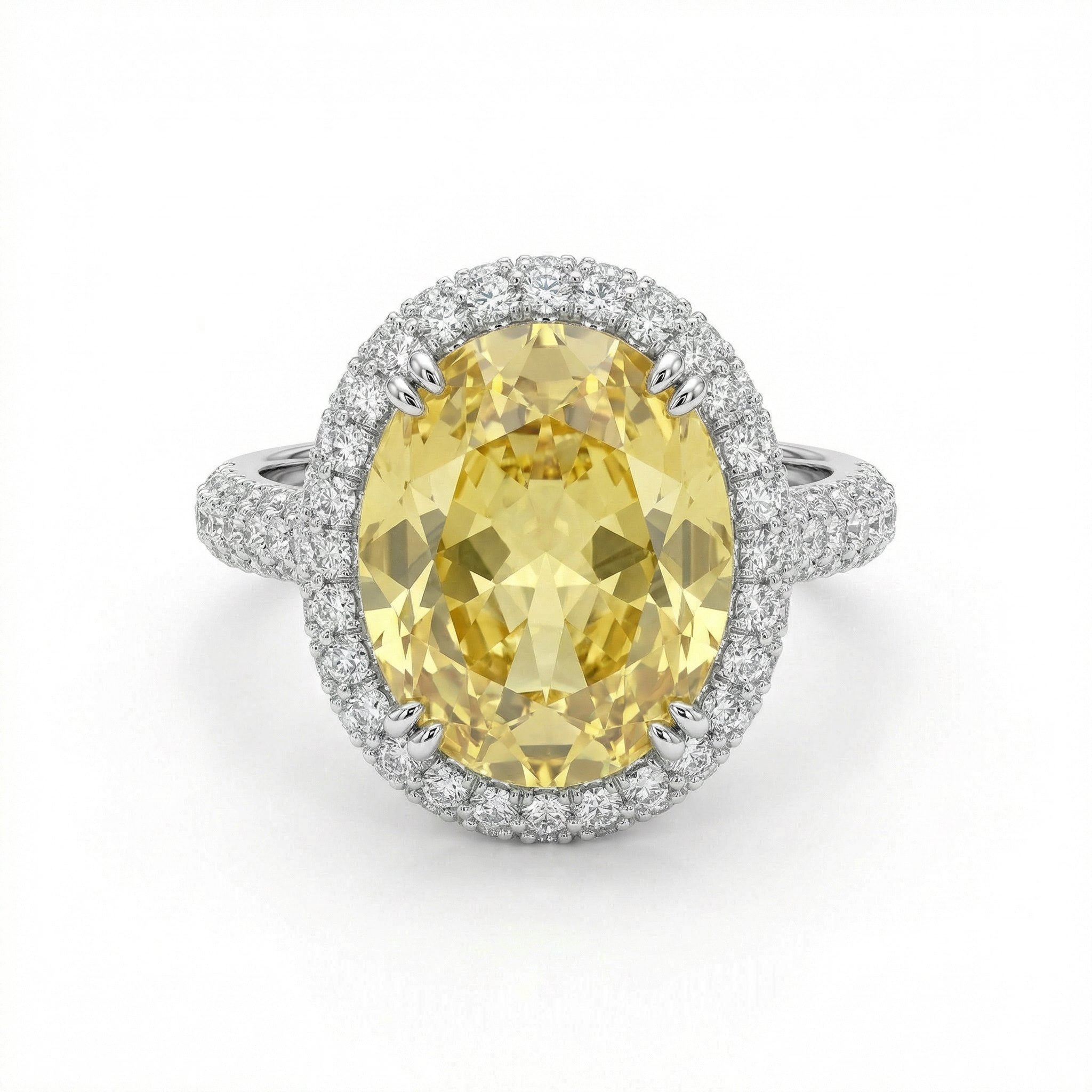 4.5ct Fancy Yellow /emerald Oval Cut Halo Pave Engagement Ring Iced Out
