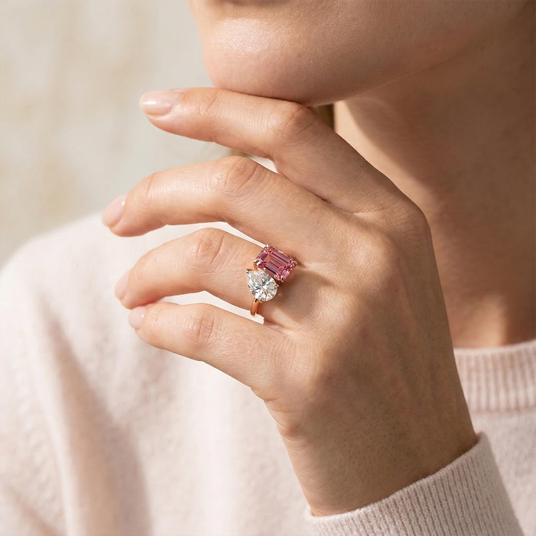 Two-stone Pear Cut & Pink Emerald Cut Engagement Ring Silver - Image 3
