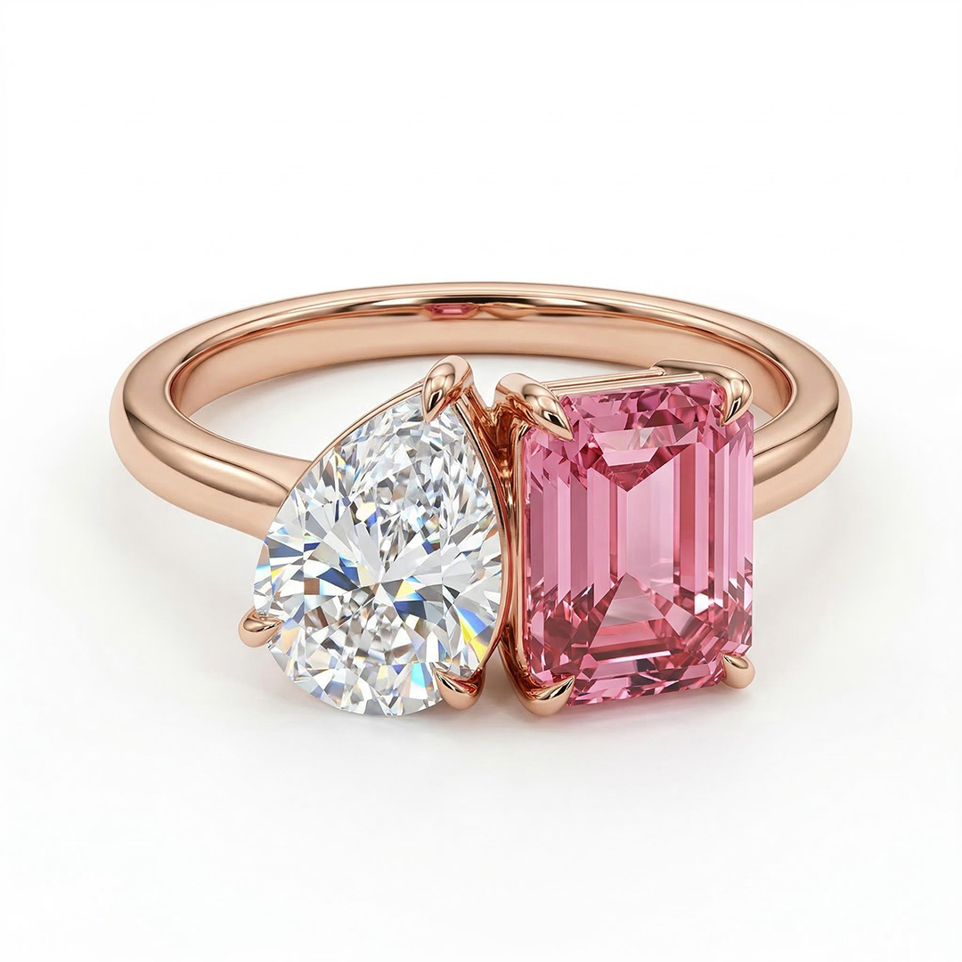 Two-stone Pear Cut & Pink Emerald Cut Engagement Ring Silver - Image 5