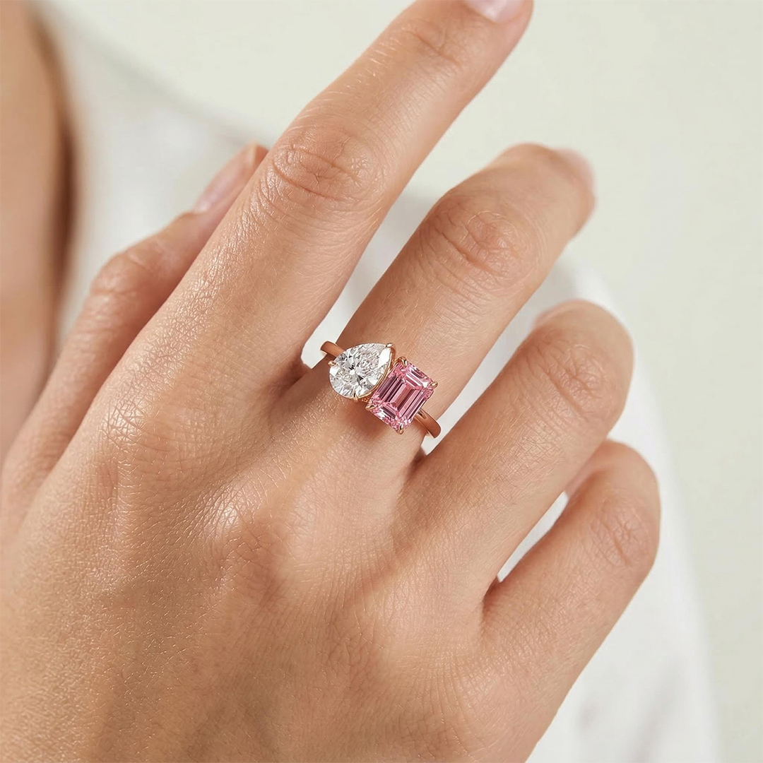 Two-stone Pear Cut & Pink Emerald Cut Engagement Ring Silver - Image 7