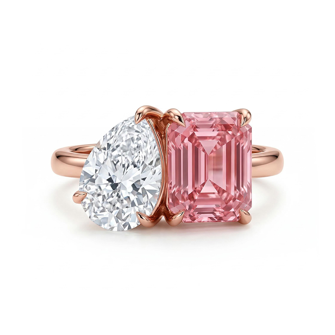 Two-stone Pear Cut & Pink Emerald Cut Engagement Ring Silver