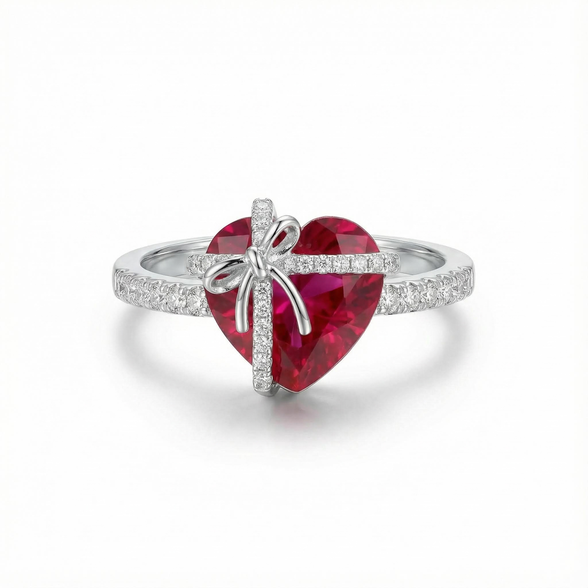 4.34ct. Tw. Butterfly Knot Ruby Heart Engagement Ring Silver
