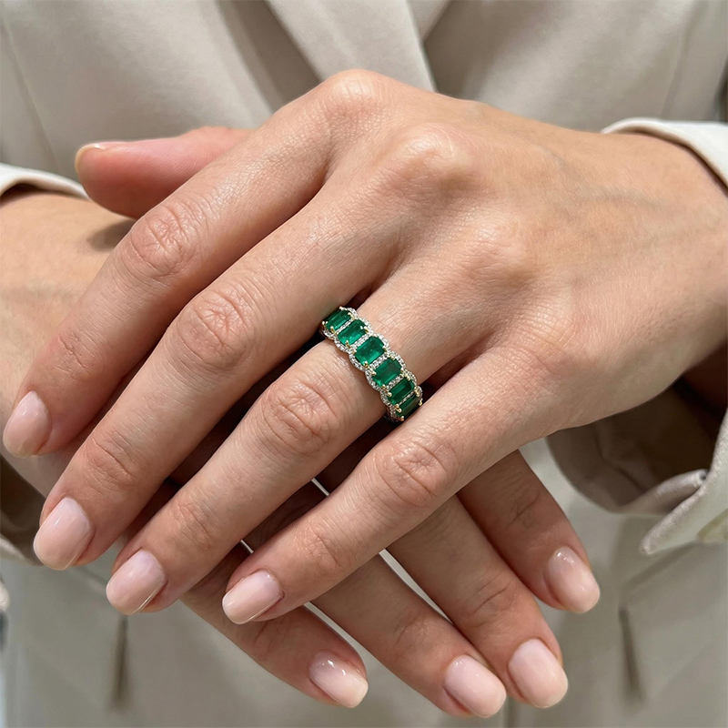 9.04ct. Tw. Emerald-cut Emerald Halo Eternity Band With Iced Out Shine - Image 4