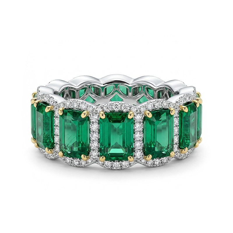 9.04ct. Tw. Emerald-cut Emerald Halo Eternity Band With Iced Out Shine