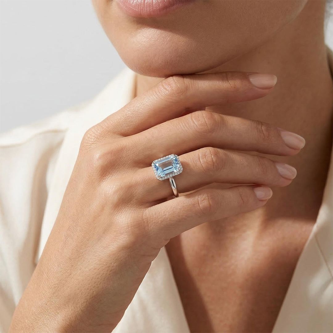 Emerald-cut 10ct Aquamarine Halo Engagement Ring With Iced Out Shine - Image 3