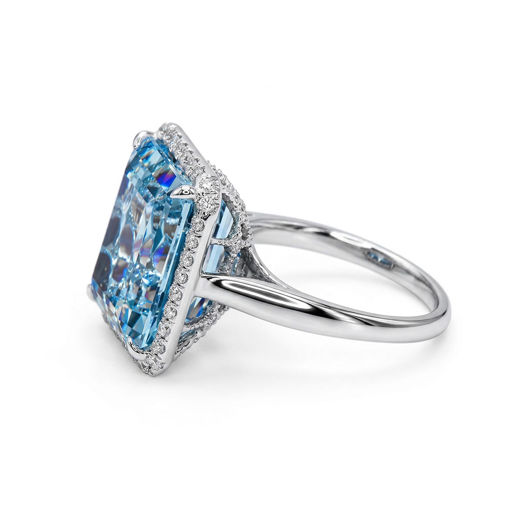 Emerald-cut 10ct Aquamarine Halo Engagement Ring With Iced Out Shine - Image 4