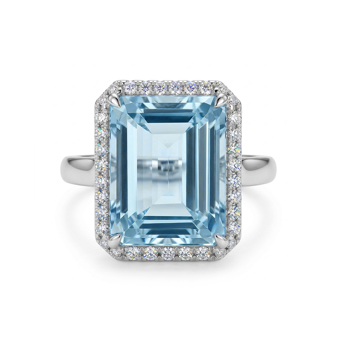 Emerald-cut 10ct Aquamarine Halo Engagement Ring With Iced Out Shine - Image 5