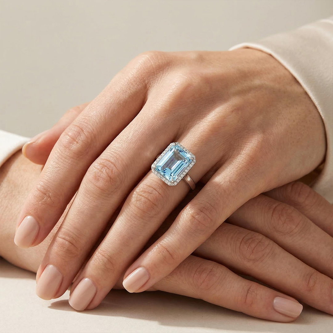 Emerald-cut 10ct Aquamarine Halo Engagement Ring With Iced Out Shine - Image 6