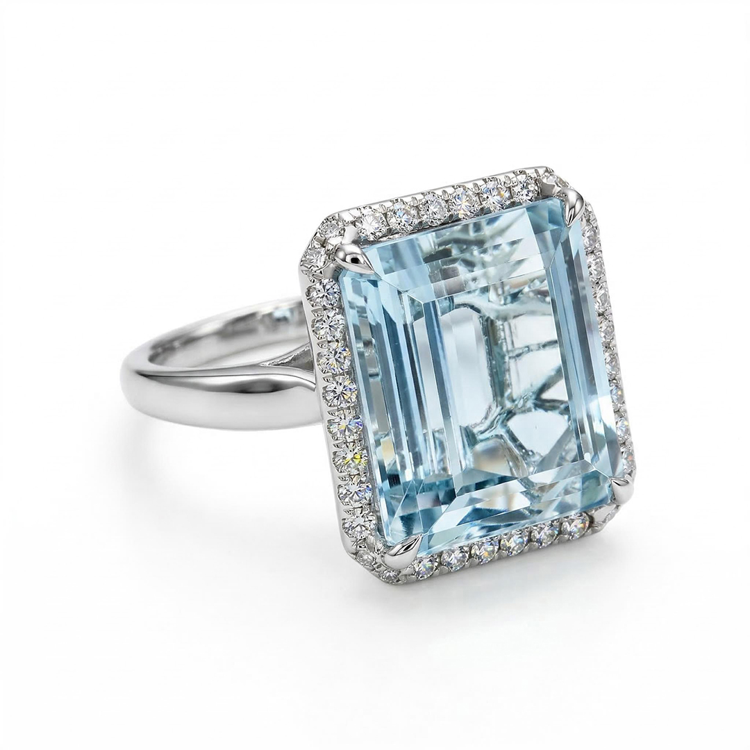Emerald-cut 10ct Aquamarine Halo Engagement Ring With Iced Out Shine - Image 7