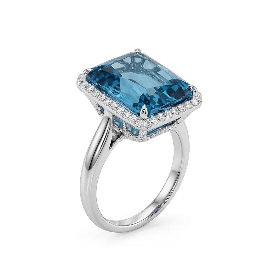 Emerald-cut 10ct Aquamarine Halo Engagement Ring With Iced Out Shine