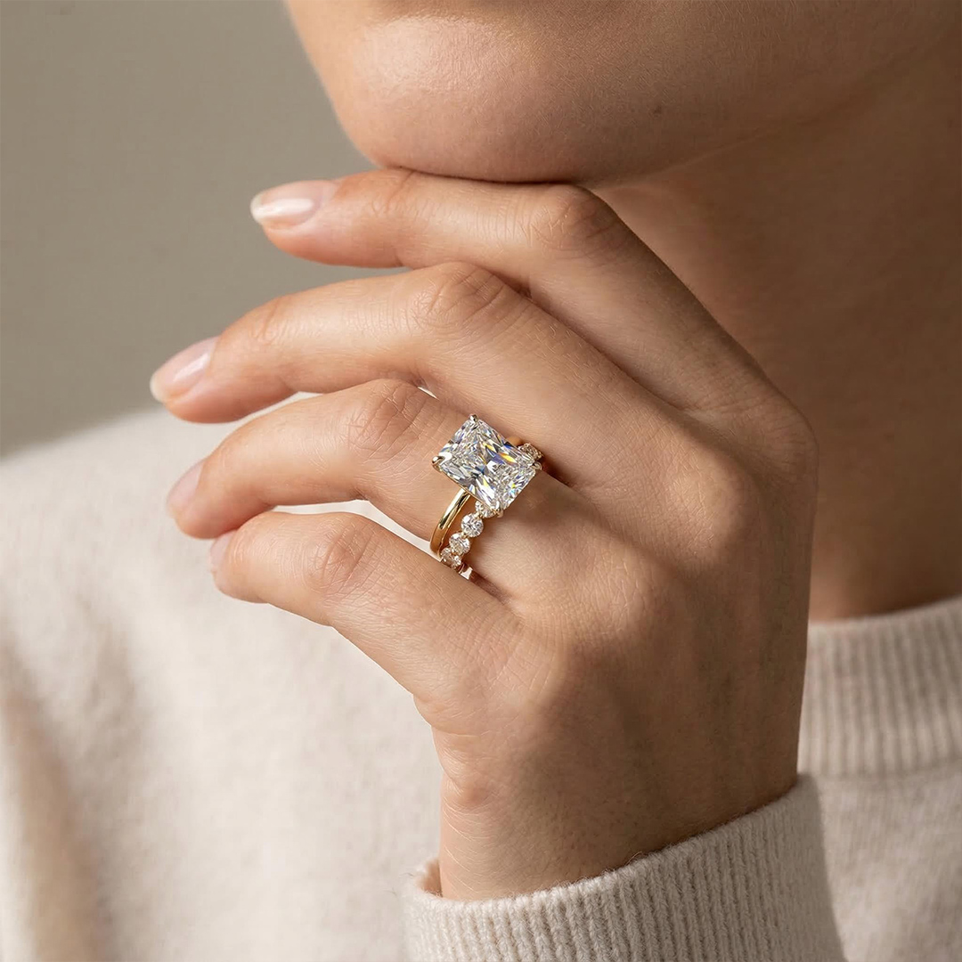 Radiant Cut Solitaire Engagement Ring With Round Cut Band Ring Set Silver - Image 3