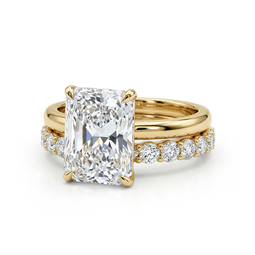 Radiant Cut Solitaire Engagement Ring With Round Cut Band Ring Set Silver - Image 4