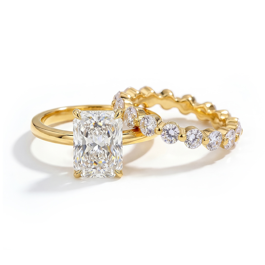 Radiant Cut Solitaire Engagement Ring With Round Cut Band Ring Set Silver