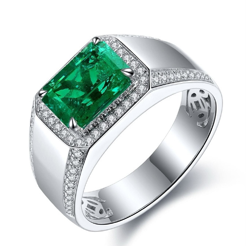 Luxury Emerald Cut Emerald Halo Men's Engagement Ring Iced Out - Image 3