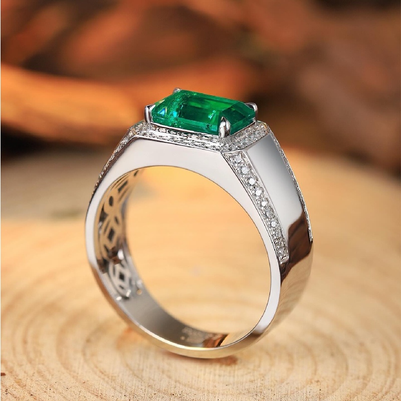Luxury Emerald Cut Emerald Halo Men's Engagement Ring Iced Out - Image 4
