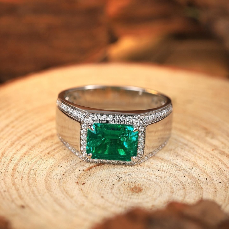 Luxury Emerald Cut Emerald Halo Men's Engagement Ring Iced Out - Image 5
