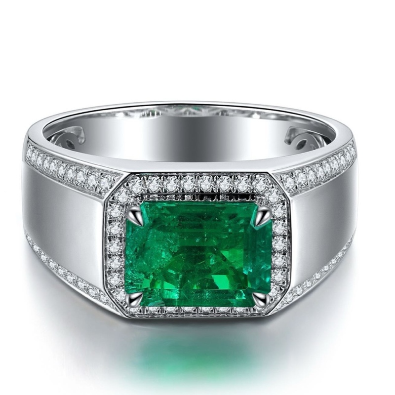 Luxury Emerald Cut Emerald Halo Men's Engagement Ring Iced Out