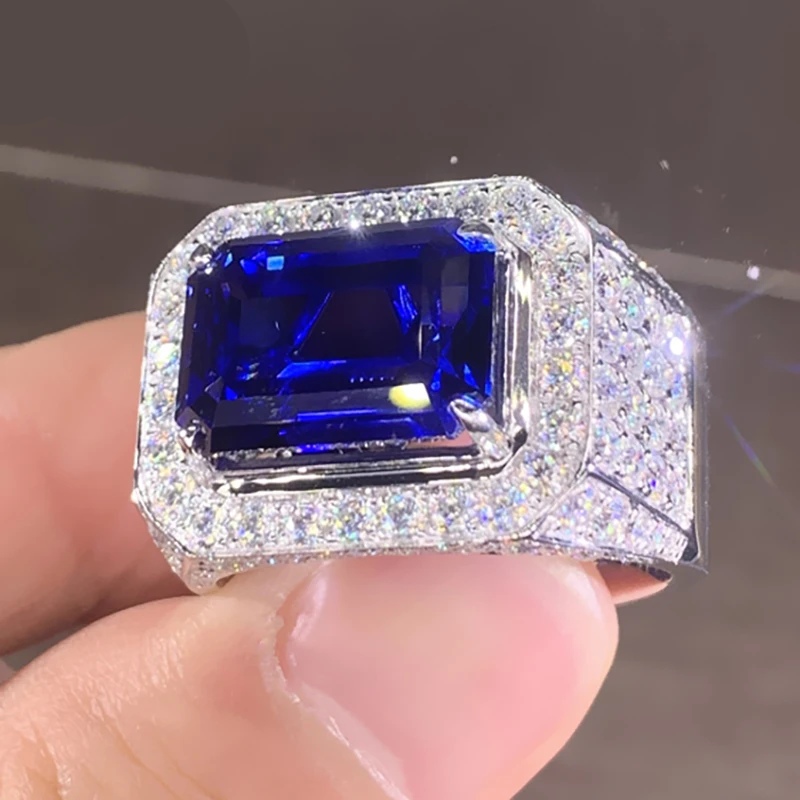 5.5ct Emerald Cut Sapphire Pave Men's Engagemenet/anniversary Ring Silver