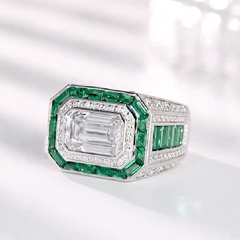 5.65ct Emerald Cut Halo Men's Ring In Silver With Iced Out Shine