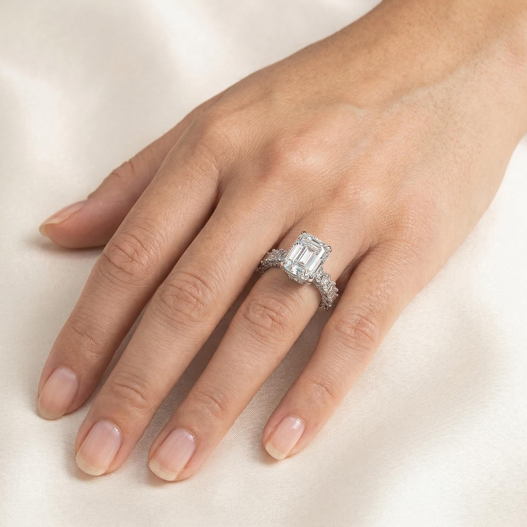 25.8 Ct Emerald Cut Paved Engagement Ring In 18k White Gold Moissanite - Image 3